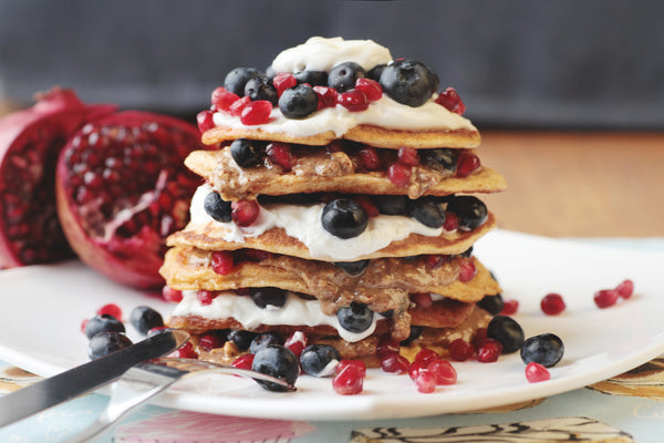 Protein Pancakes with Almond Butter, Greek Yoghurt & Pomegranate Seeds